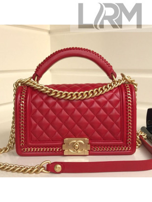 Chanel Chain Trim Quilted Leather Classic Medium Boy Flap Top Handle Bag Red 2019