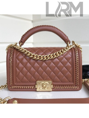 Chanel Chain Trim Quilted Leather Classic Medium Boy Flap Top Handle Bag Brown 2019