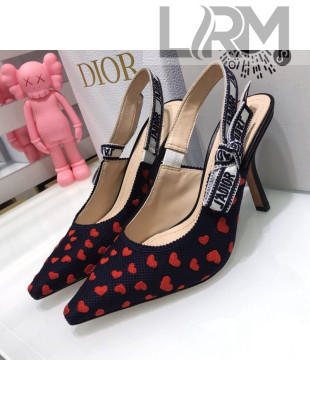 Dior J'Adior Slingback Pumps 9.5cm in Navy Blue and Red Hearts I Love Paris Embroidered Cotton 2021