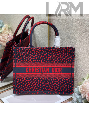 Dior Medium Book Tote Bag in Navy Blue I Love Paris and Red Hearts Embroidery 2021