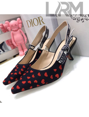 Dior J'Adior Slingback Pumps 6.5cm in Navy Blue and Red Hearts I Love Paris Embroidered Cotton 2021