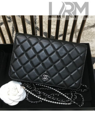 Chanel Pearls Quilted Lambskin Wallet On Chain WOC Black 2019
