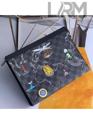 Louis Vuitton Men's Pochette Voyage MM Pouch Map Print Damier Graphite Canvas N41696 2019