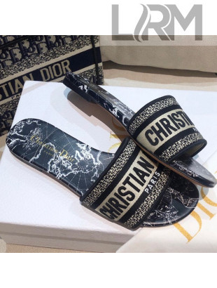 Dior Dway Flat Slide Sandals in Black Around the World Embroidered Cotton 2021 53