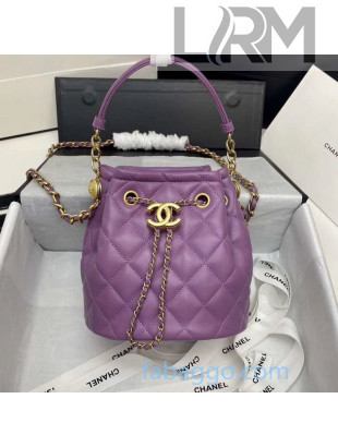 Chanel Quilted Leather Bucket Bag with Metal Button Purple 2020