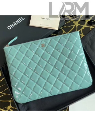 Chanel Quilted Patent Leather Medium Pouch Blue 2020