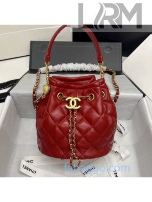 Chanel Quilted Leather Bucket Bag with Metal Button Red 2020