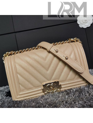 Chanel Iridescent Chevron Grained Leather Classic Small Boy Flap Bag Beige/Gold 2019