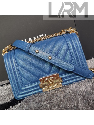 Chanel Iridescent Chevron Grained Leather Classic Small Boy Flap Bag Blue/Gold 2019