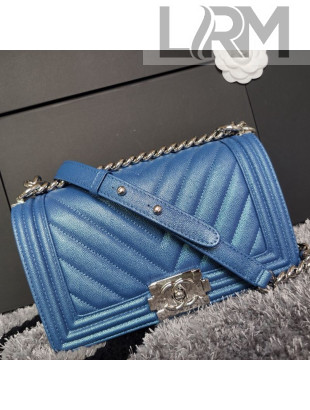 Chanel Iridescent Chevron Grained Leather Classic Medium Boy Flap Bag Blue/Silver 2019