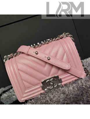 Chanel Iridescent Chevron Grained Leather Classic Small Boy Flap Bag Pink/Silver 2019