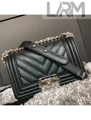 Chanel Iridescent Chevron Grained Leather Classic Small Boy Flap Bag Black/Silver 2019