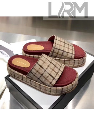 Gucci Plaid Canvas Platform Slide Sandal 573018 Beige 2019
