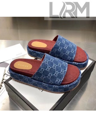 Gucci Denim Blue GG Platform Slide Sandal 573018 2019