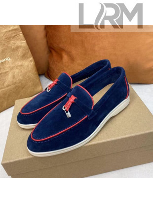 Loro Piana Tassel Suede Flat Loafers Navy Blue/Red 202101 (For Women and Men)