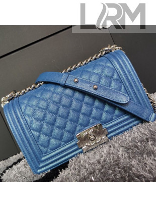 Chanel Iridescent Quilted Grained Leather Classic Medium Boy Flap Bag Blue/Silver 2019