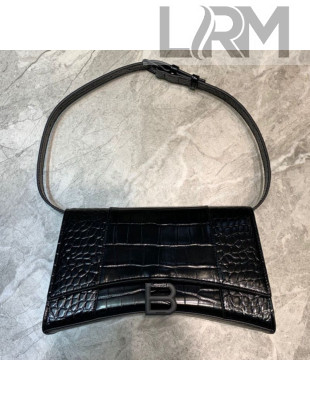 Balenciaga Hourglass Sling Shoulder Bag in All Black Shiny Crocodile Embossed Calfskin 2020