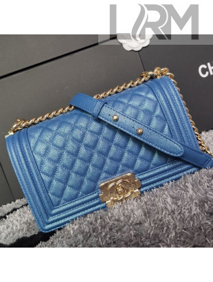Chanel Iridescent Quilted Grained Leather Classic Medium Boy Flap Bag Blue/Gold 2019