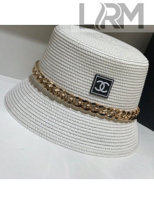 Chanel Straw Bucket Hat with Chain White/Gold 2021