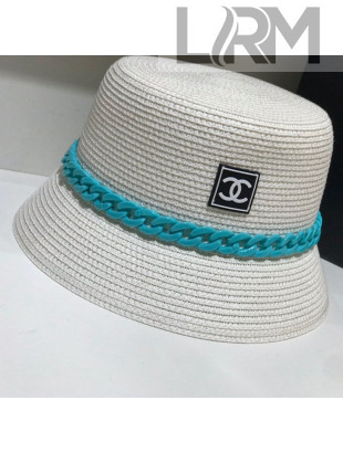 Chanel Straw Bucket Hat with Matte Chain White/Blue 2021