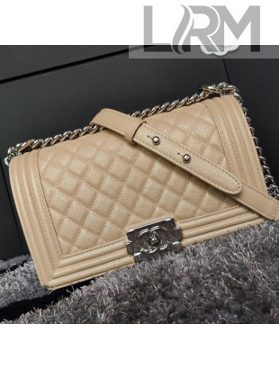 Chanel Iridescent Quilted Grained Leather Classic Medium Boy Flap Bag Beige/Silver 2019