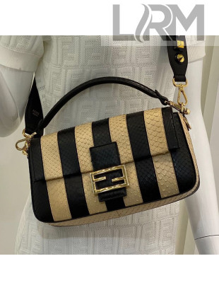 Fendi Baguette Striped Snakeskin Medium Bag Beige/Black 2021