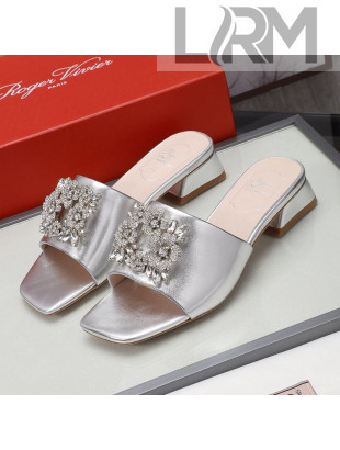 Roger Vivier Metallic Leather Slide Sandals 3cm Silver 2021