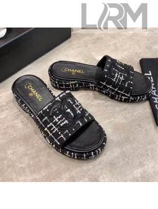 Chanel CC Tweed Flat Slide Sandals Black/White 2020
