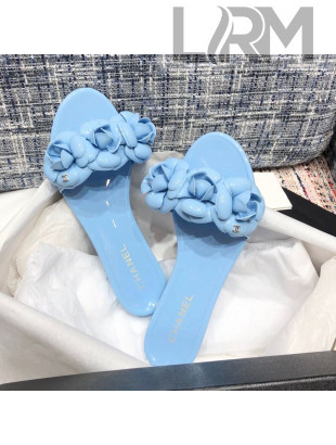 Chanel TPU Camellia Slipper Sandals Blue 2020