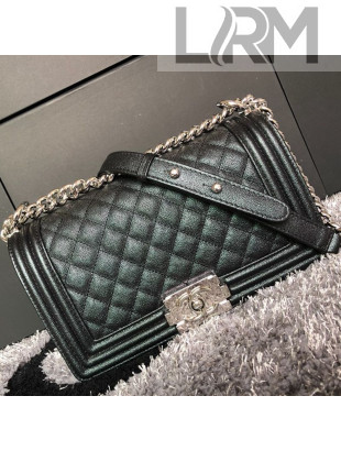 Chanel Iridescent Quilted Grained Leather Classic Medium Boy Flap Bag Black/Silver 2019