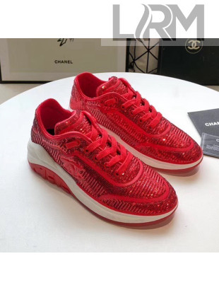 Chanel CC Logo Sequins & Leather Sneakers G35936 Red 2020