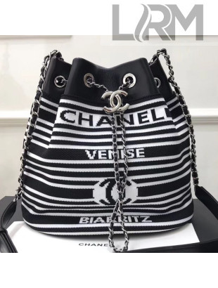 Chanel Knit Stripes Drawstring Bucket Bag AS0464 Black/White 2019