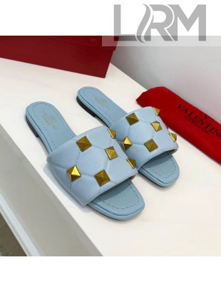 Valentino Roman Stud Flat Slide Sandals in Quilted Nappa Lambskin Light Blue 2021