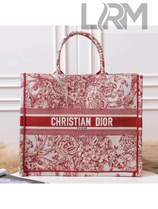 Dior Book Tote Bag in Peony Embroidered Canvas Red 2019