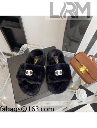 Chanel Fur CC Flat Slide Sandals Black 2021 112298