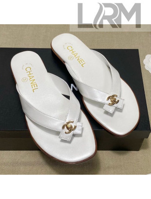 Chanel Lambskin Flat Thong Slide Sandal White 2021 03