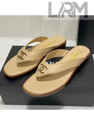 Chanel Lambskin Flat Thong Slide Sandal Beige 2021 05