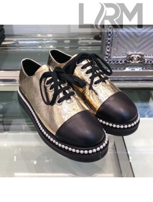 Chanel Metallic Crinkle Pearls Lace-ups Sneakers G32357 Gold 2019