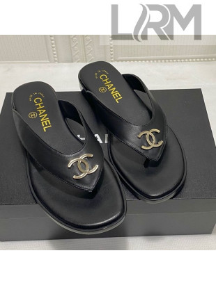 Chanel Lambskin Flat Thong Slide Sandal Black 2021 04