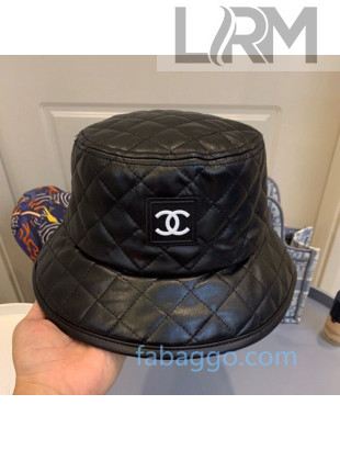 Chanel Quilted Leather-Like Bucket Hat with CC Patch Black 2002