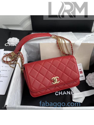 Chanel Quilted Calfskin Flap Bag with Chain Tassel Strap AS2052 Red 2020