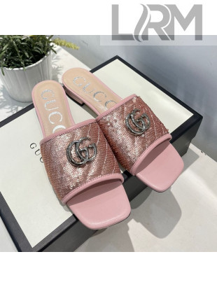 Gucci GG Sequins Slide Sandals Pink 2021