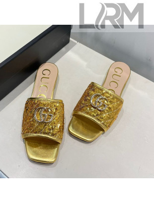 Gucci GG Sequins Slide Sandals Gold 2021