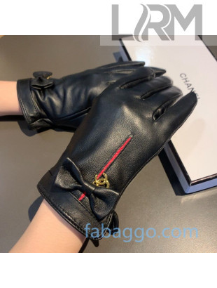 Chanel Lambskin and Cashmere Stripe Bow Gloves 03 Black/Red 2020