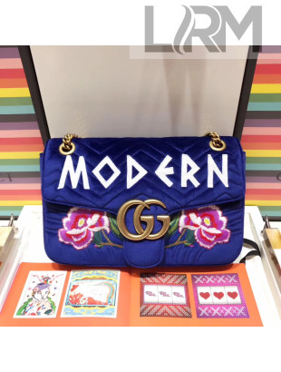 Gucci GG Marmont Embroidered "Modern" Applique Velvet Medium Bag 443496 Blue 2017