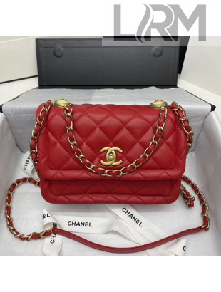 Chanel Quilted Lambskin Medium Flap Bag with Metal Button AS2055 Red 2020