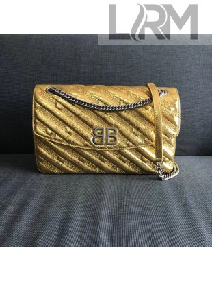 Balen...ga Metallic Gold Crumpled Lambskin Embroidered Logo BB Round M Shoulder Bag Charms 2018