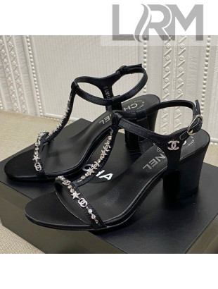 Chanel Pearl Star Chain Charm Silk Sandals 6cm Black 2021