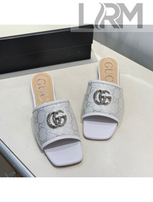 Gucci GG Silver Lamé Canvas Slide Sandals White 2021