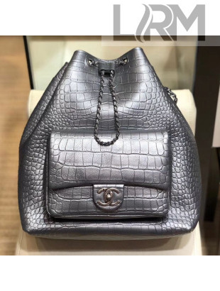 Chanel Metallic Crocodile Embossed Calfskin Large Backpack AS0800 Silver 2019